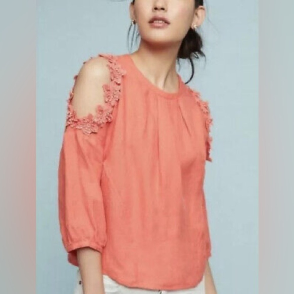 Anthropologie Eri  Ali Jemima Cold Shoulder Coral Linen Blouse Size XS